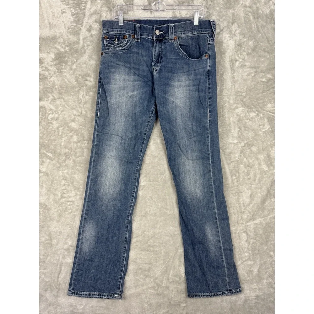 True Religion Ricky Relaxed Straight Blue Denim Jeans Mens 33 (fits 34x32)
